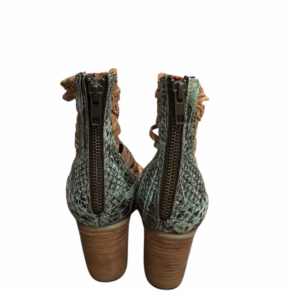 Freebird Bella Open Toe Leather Booties Tan with Turquoise Snake Print Sz. 9 - Picture 5 of 8